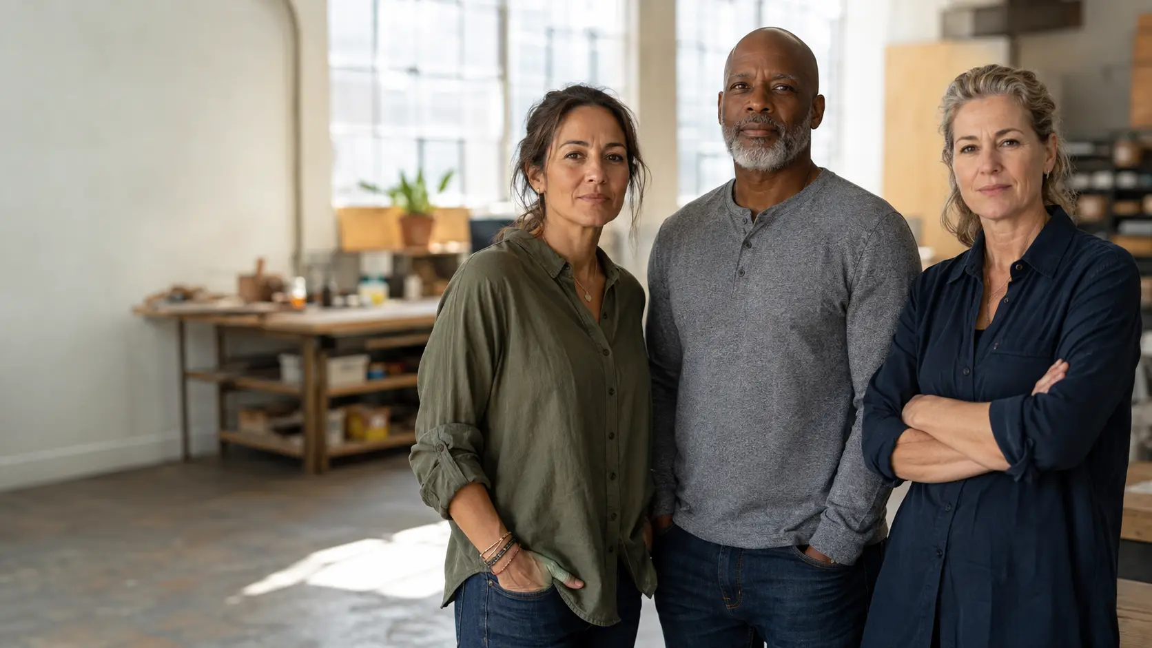 Three adults in civilian clothing standing together in a bright community workshop