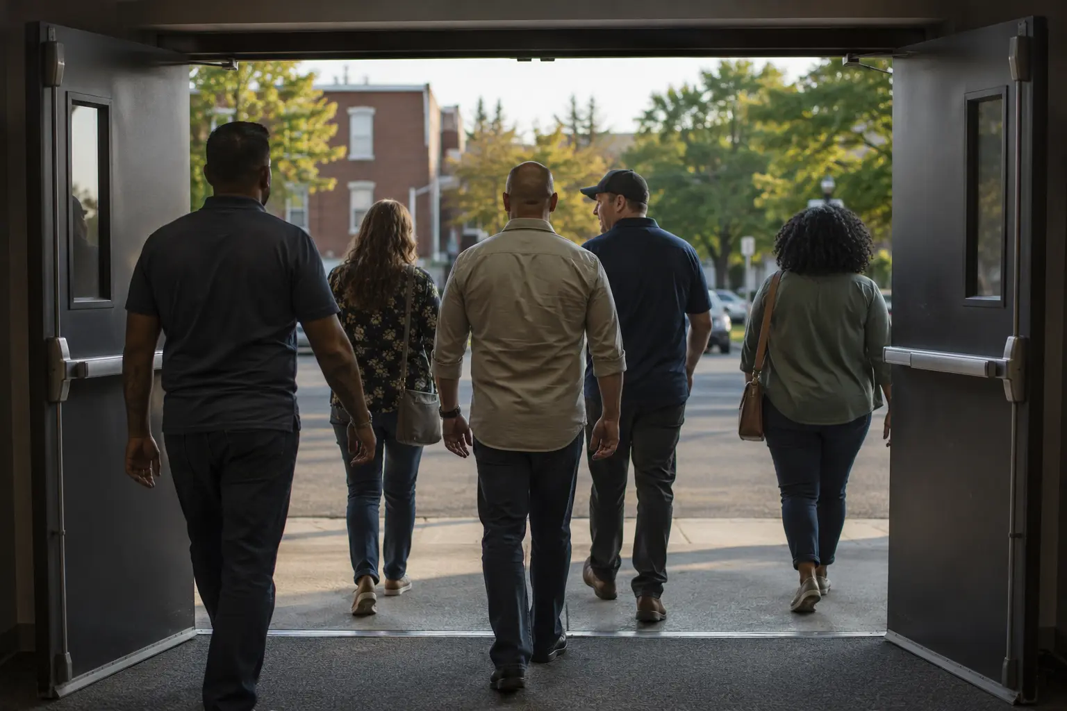 A group of adults in civilian clothes walking together through open community hall doors into morning light
